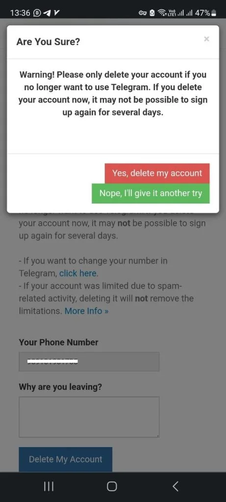 دیلیت اکانت تلگرام فوری بدون کد