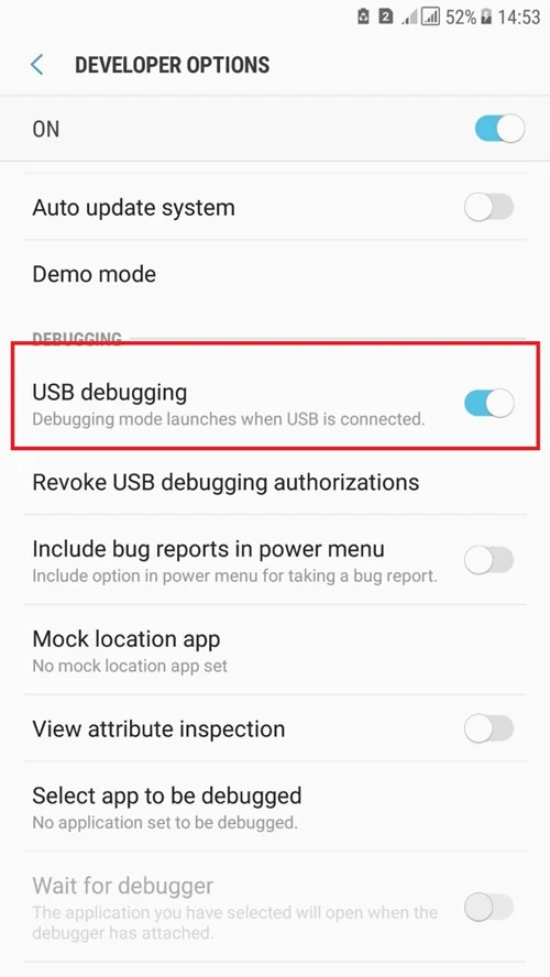 گزینه Usb Debugging